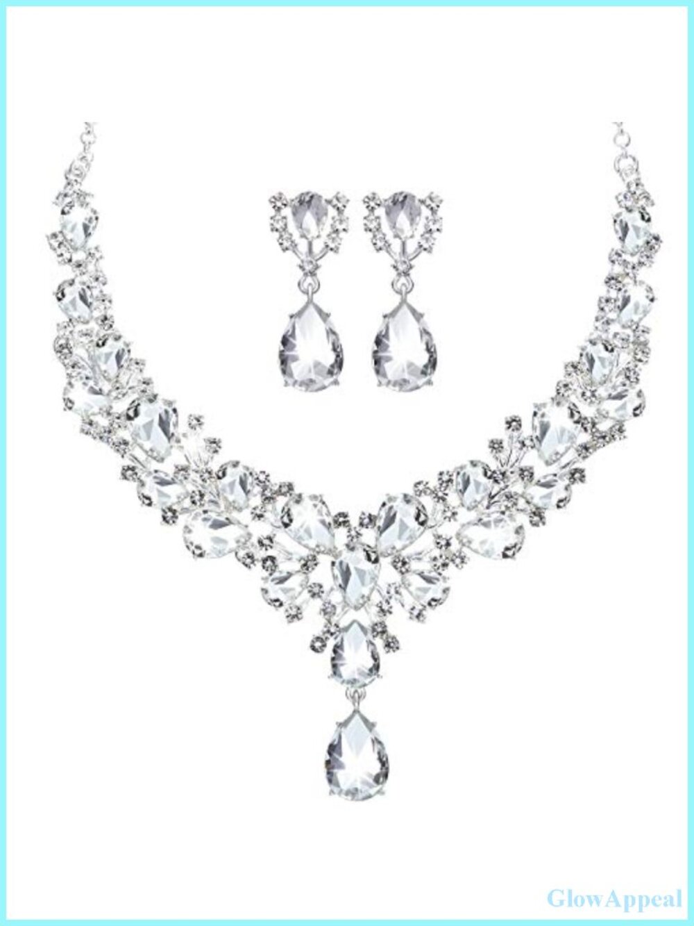 Bridal Teardrop Cluster Crystal Necklace Earrings Jewelry Set Women Alloy Silver
